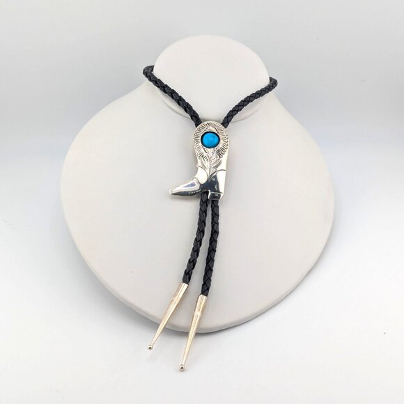 Navajo Kingman Turquoise Bolo Tie Leather Sterling Silver Southwest Accessory ** - Picture 4 of 10